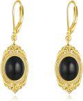 wholesale 925 Sterling Silver Black Oval Stone Drop Earrings with Gold Plated Frame and Beads-0-12