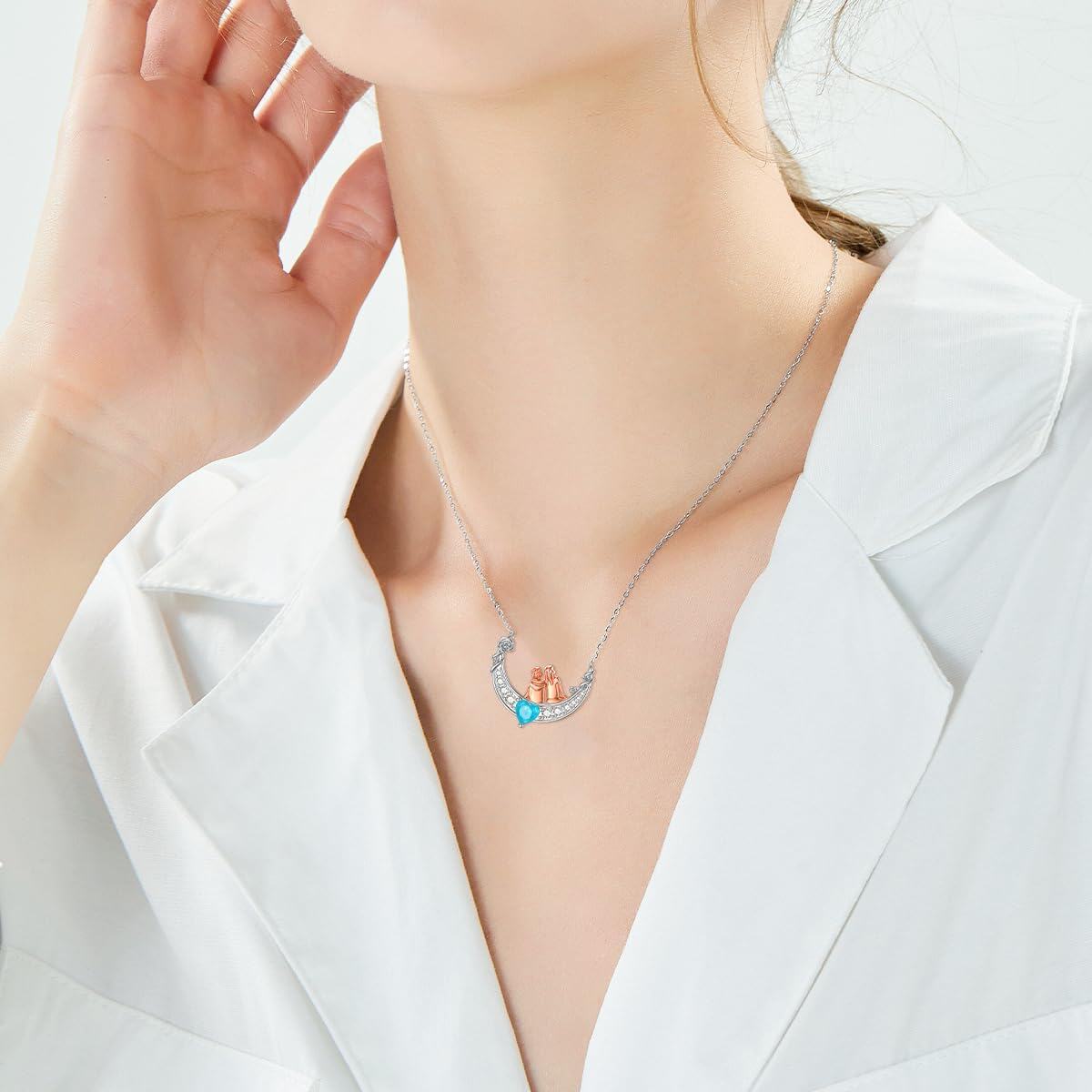 wholesale 925 Sterling Silver Moon & Couple Pendant Necklaces with Blue Heart Stone Gifts for Women/Mom/Grandma on Mothers' Day-0-4