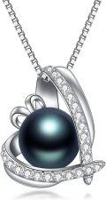 wholesale 925 Sterling Silver & White Gold-Plated Black Freshwater Pearl Heart Pendant Necklace with Cubic Zirconia Accents-0-0