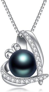 wholesale 925 Sterling Silver & White Gold-Plated Black Freshwater Pearl Heart Pendant Necklace with Cubic Zirconia Accents-Heart pearl