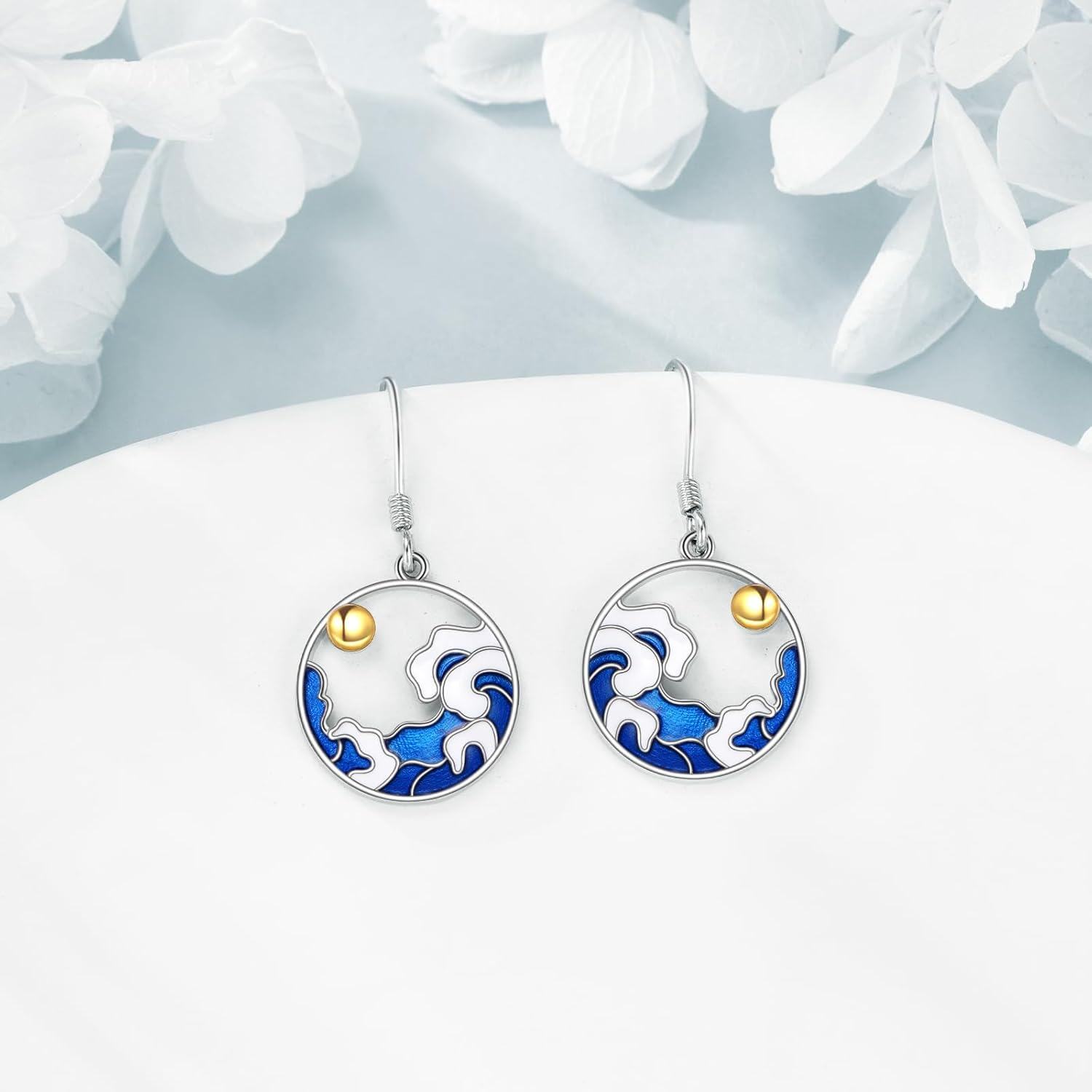 925 Sterling Silver Ocean Wave Blue Enamel Drop Earrings for Women-0-3