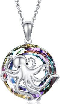 wholesale 925 Sterling Silver Austrian Crystal Octopus Pendant Necklace - Rainbow Multi-Color Stone Jewelry for Women Girls Gift 45cm Chain Length-02-Purple Crystal