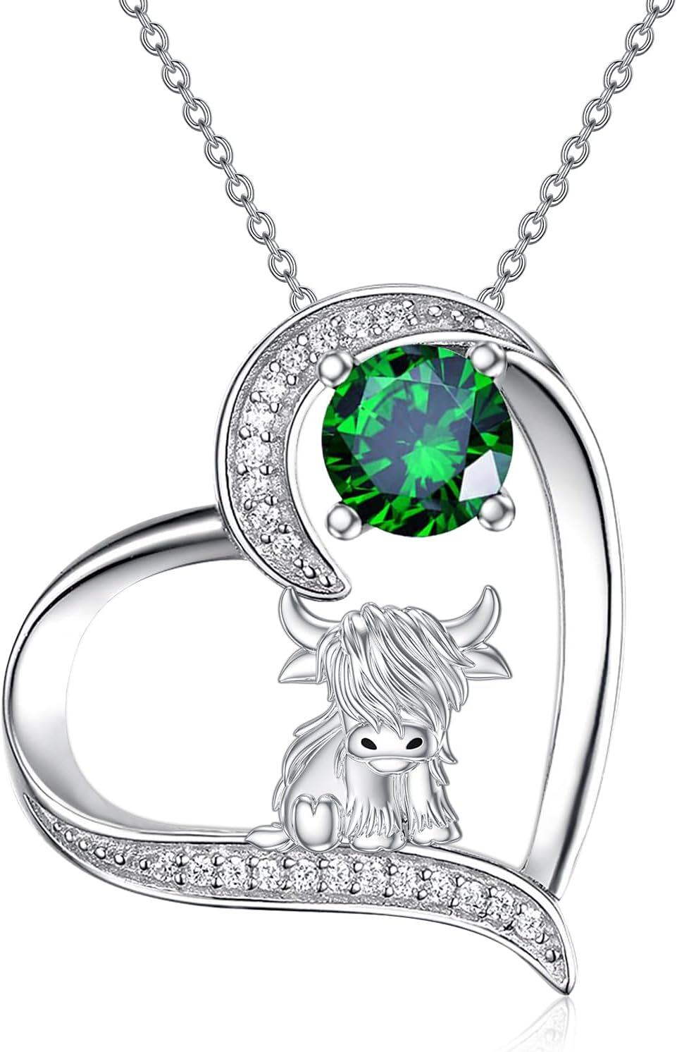 Sterling Silver Highland Cow Birthstone Necklace Jewelry Gifts for Women Girls-1-05-May-1-05-May