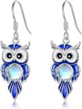 wholesale 925 Sterling Silver Blue Enamel Owl Dangle Earrings with Moonstone - Nature Inspired Jewelry for Women and Girls-0-0