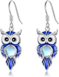 wholesale 925 Sterling Silver Blue Enamel Owl Dangle Earrings with Moonstone - Nature Inspired Jewelry for Women and Girls-owl
