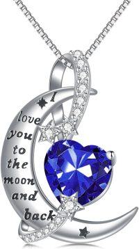 wholesale 925 Sterling Silver Birthstone Love You to the Moon Heart Necklace-09-September-Sapphire