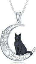 wholesale 925 Sterling Silver Black Cat & Crescent Moon with Cubic Zirconias Pendant Necklace for Women-0-0