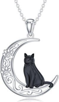 wholesale 925 Sterling Silver Black Cat & Crescent Moon with Cubic Zirconias Pendant Necklace for Women-Black Cat&Cat Claws