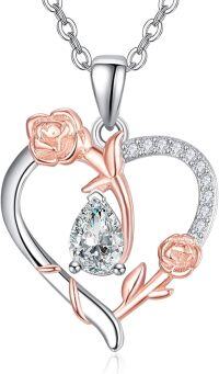 wholesale 925 Sterling Silver Heart-Shaped Flower Necklace with Rose Gold Sunflower Pendant and Cubic Zirconia Stones-rose heart 1