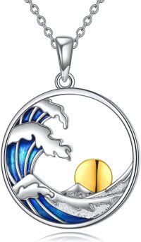 wholesale 925 Sterling Silver Ocean Wave Compass Pendant Necklaces for Women with Gold Plated Sea Turtle Charm and Blue Enamel Waves Design s-Wave