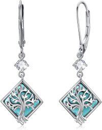 wholesale 925 Sterling Silver Tree of Life Drop Earrings with Turquoise and Cubic Zirconia for Women-Square