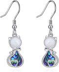 wholesale 925 Sterling Silver Abalone Shell & White Fire Opal Cat Dangle Earrings for Women-0-0