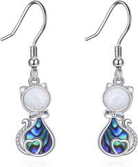 wholesale 925 Sterling Silver Abalone Shell & White Fire Opal Cat Dangle Earrings for Women-Opal Cat