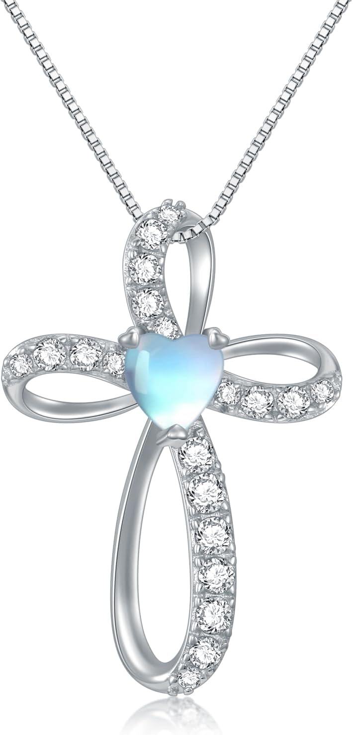  Sterling Silver Birthstone Cross Necklace for Women Birthday Mother s Day Gift ( )-06-Jun Birthstone - Moonstone