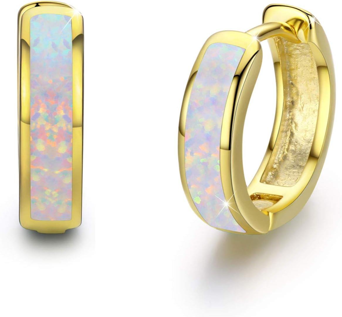 Sterling Silver Simulated Opal Hoop Earrings for Women Hypoallergenic Huggie Hinged Hoops Colorful Jewelry Gift-14mm Gold White-14