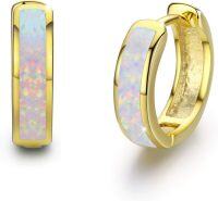 wholesale Sterling Silver Simulated Opal Hoop Earrings for Women Hypoallergenic Huggie Hinged Hoops Colorful Jewelry Gift-14mm Gold White-14