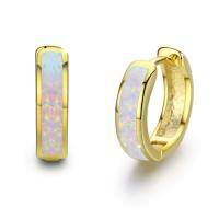 wholesale 925 Sterling Silver Simulated Opal Hoop Earrings for Women Hypoallergenic Huggie Hinged Hoops Colorful Jewelry Gift-14mm Gold White-14