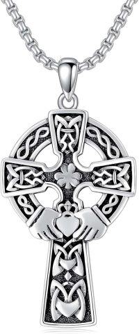 wholesale 925 Sterling Silver &  Claddagh Irish Cross with Celtic Knots and Shamrocks Pendant on 24 Box Chain-05-claddagh