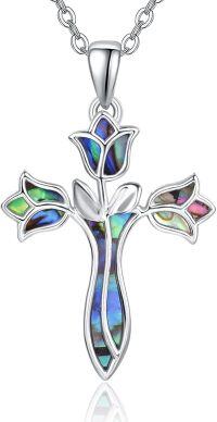 wholesale 925 Sterling Silver Abalone Shell Dreamboat Cross Necklace for Women Christian Jewelry Confirmation Gifts Faith Religious Pendant-Silver-Abalone-Flower