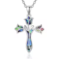wholesale 925 Sterling Silver Abalone Shell Dreamboat Cross Necklace Wholesale for Women Christian Jewelry Confirmation Gifts Faith Religious Pendant-Silver-Abalone-Flower