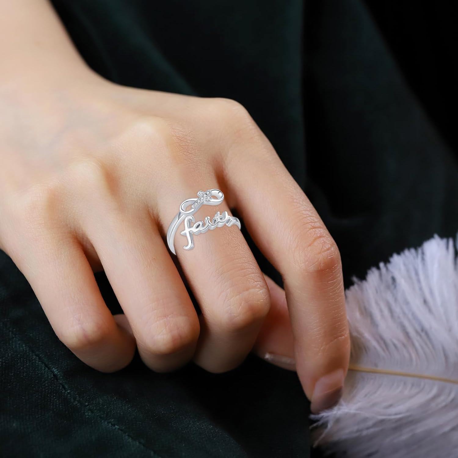Sterling Silver Faith Ring Adjustable Open Christian Jewelry Gift for Women-0-3