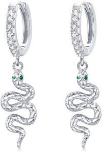 wholesale 925 Sterling Silver Gold-Plated Green Stone Snake Drop Hoop Earrings for Women - Hypoallergenic  4cm Long-Silver
