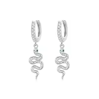 wholesale 925 Sterling Silver Gold-Plated Green Stone Snake Drop Hoop Earrings Wholesale for Women - Hypoallergenic  4cm Long-Silver
