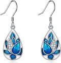 wholesale 925 Sterling Silver Teardrop Blue Lotus Flower Drop Earrings with CZ Stones for Women Girls  4cm Long-0-0