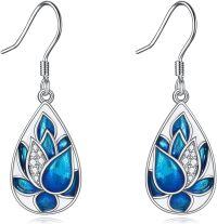 wholesale 925 Sterling Silver Teardrop Blue Lotus Flower Drop Earrings with CZ Stones for Women Girls  4cm Long-Blue Lotus Earrings