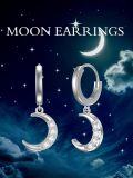 wholesale 925 Sterling Silver Crescent Moon CZ Drop Hoop Earrings for Women Girls  4cm Long-0-2