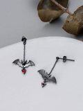 wholesale 925 Sterling Silver & Red Birthstone Gothic Bat Stud Earrings with Chains, Punk Rock Jewelry, Halloween Gift for Women Men-0-5
