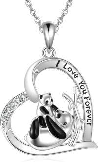 wholesale 925 Sterling Silver Heart-Shaped Love You Forever Pandas Pendant Necklace-Panda