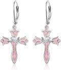 wholesale 925 Sterling Silver Pink Opal Flower Cross Drop Earrings for Women-0-0