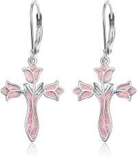 wholesale 925 Sterling Silver Pink Opal Flower Cross Drop Earrings for Women-Pink Opal Cross