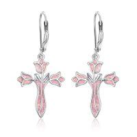 wholesale 925 Sterling Silver Pink Opal Cross Earrings With Lever Backs-Pink Opal Cross