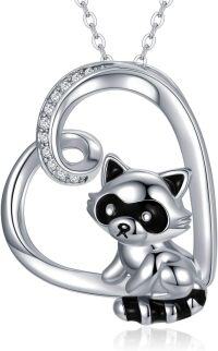 wholesale 925 Sterling Silver Heart-Shaped Black and White Raccoon Pendant Necklace with Natural Moss Agate Stone-Silver Gold