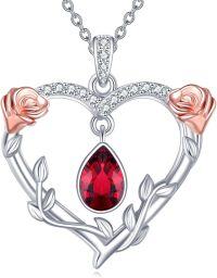 wholesale 925 Sterling Silver Gold Plated Red Crystal Teardrop Flower Pendant Necklaces for Women Gifts-Rose Heart Necklace