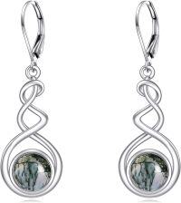 wholesale Sterling Silver Spiral Dangle Earrings with Black Onyx Peridot Pink Cat Eye Lapis Lazuli Turquoise Moss Agate Moonstone Amethyst Mustard Seed Leverback Jewelry Gifts for Women Teens-Moss Agate Earrings