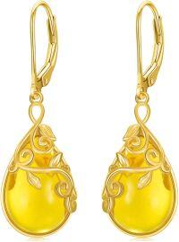 wholesale Gold Teardrop Shape Gemstone Leverback Drop Earrings - 925 Sterling Silver Opal & Yellow Jade s for Her-Amber