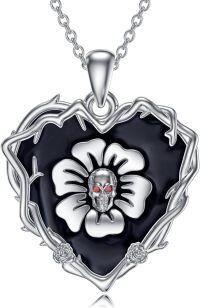 wholesale 925 Sterling Silver Gothic Pendant - Black Flower & Red Eyes Skull Charm Necklace for Women-04-Skull Flower