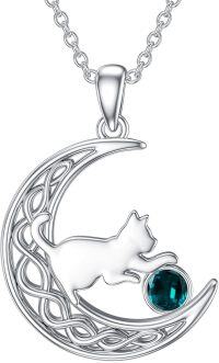 wholesale Sterling Silver Birthstone Cat in Moon Pendant Necklace for Women-December