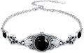 wholesale 925 Sterling Silver Black Onyx Flower Design Adjustable Bohemian Bracelet for Women (S M L)-0-0