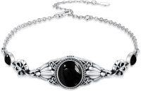 wholesale 925 Sterling Silver Black Onyx Flower Design Adjustable Bohemian Bracelet for Women (S M L)-Onyx