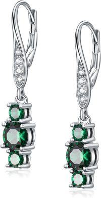 wholesale Sterling Silver 0 04cttw Natural Diamond Birthstone 3 Stone Dangle Earrings-May-Created emerald