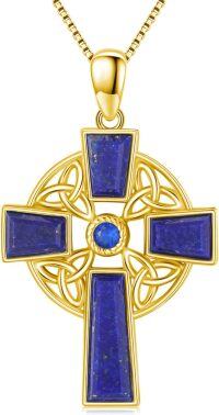wholesale Gold 925 Sterling Silver Lapis Lazuli Celtic Cross Trinity Knot Pendant Necklace-Gold