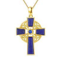 wholesale Gold 925 Sterling Silver Lapis Lazuli Celtic Cross Trinity Knot Pendant Necklace-Gold