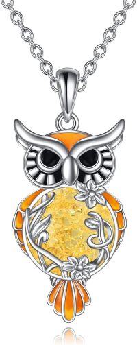 wholesale 925 Sterling Silver Citrine and Orange Stone Owl Filigree Pendant Necklace for Women-Amber owl necklace