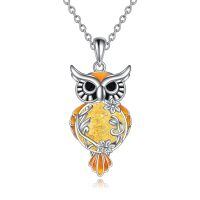 wholesale 925 Sterling Silver Owl Pendant Necklace With Amber And Crystal Details-Amber owl necklace