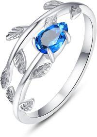 wholesale 925 Sterling Silver Stone Adjustable Leaf Birthstone Open Ring for Women-Sapphire