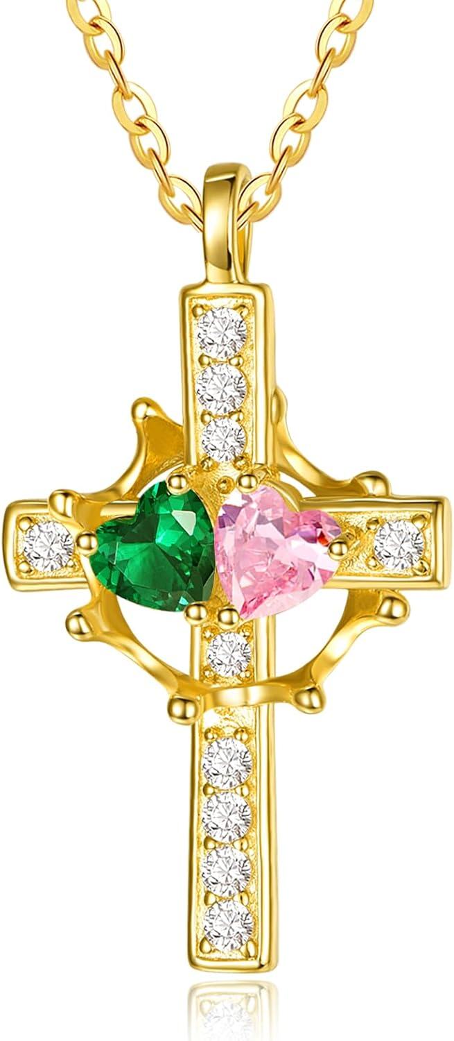 Sterling Silver Birthstones Gold Cross Necklace for Women -05-10-May-Oct-05-10-May-Oct